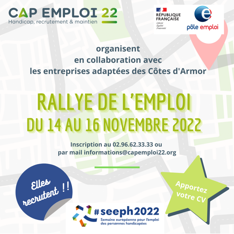 Flyer du rallye de l'emploi du 14 au 16 novembre, inscription au 02.96.62.33.33 ou informations@capemploi22.org